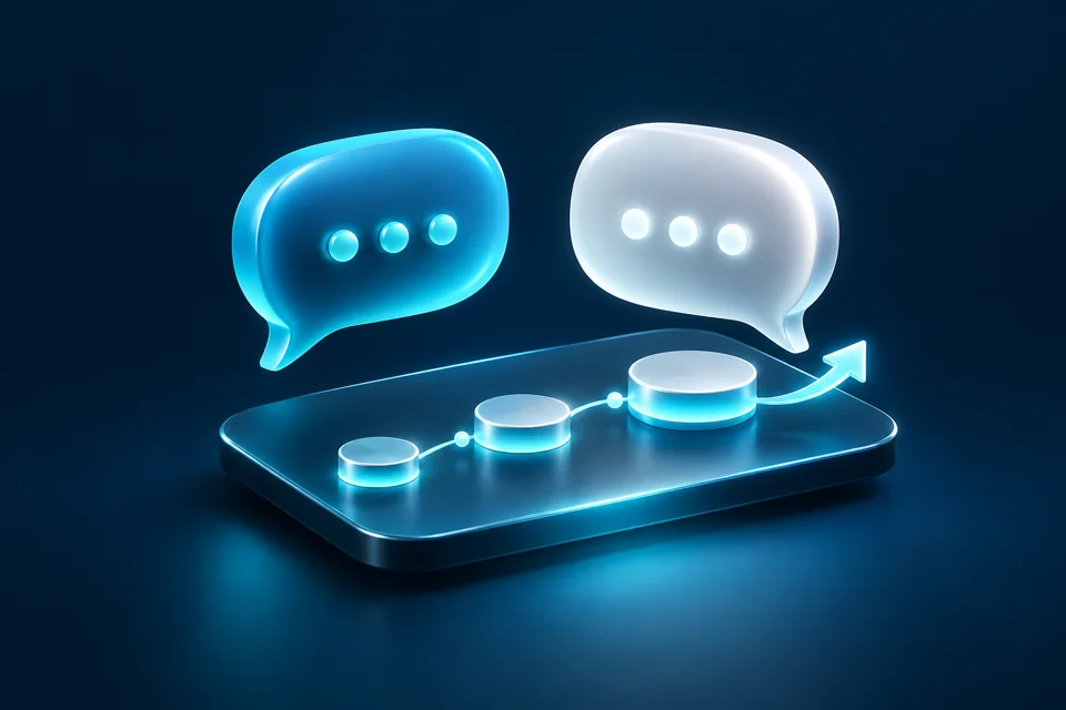 Balões de conversa e etapas conectadas simbolizando o planejamento do próximo passo do negócio