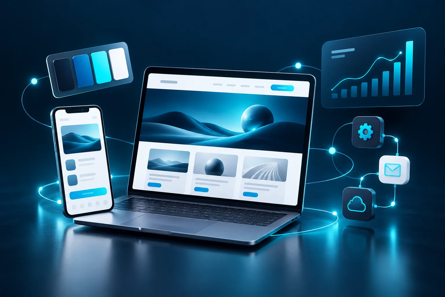 Notebook, celular e ferramentas conectadas de criação, análise e soluções digitais