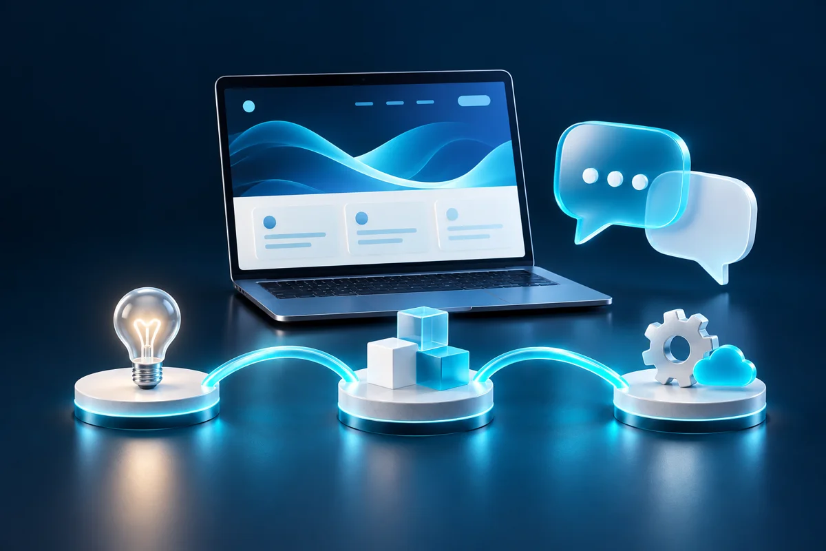 Notebook e balões de conversa conectando ideia, criação e suporte em uma parceria digital
